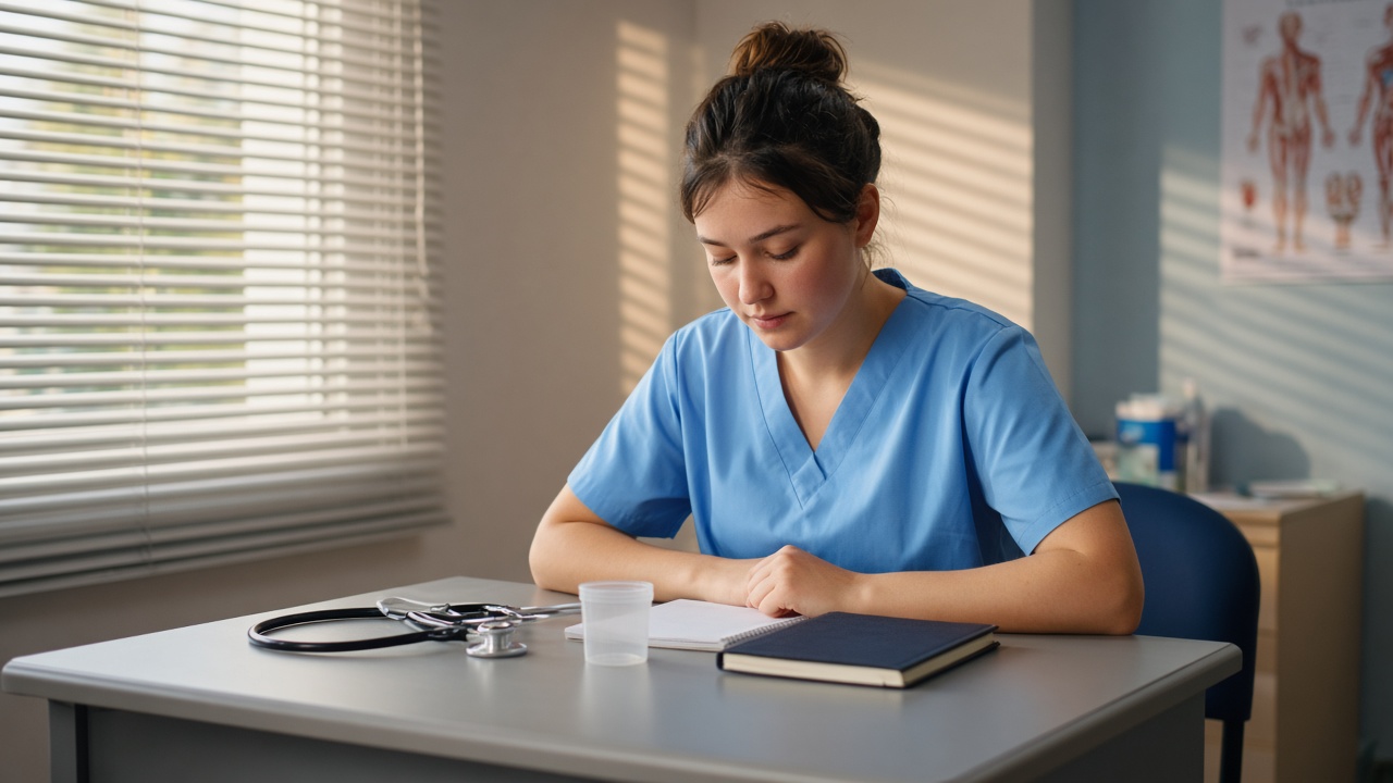 A practical nursing student at a desk with a stethoscope and a closed notebook