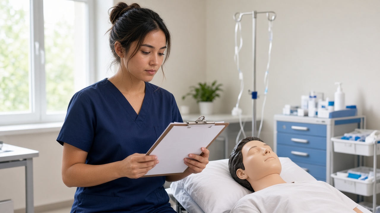 A nursing student in a skills lab reviewing a clipboard beside a training manikin