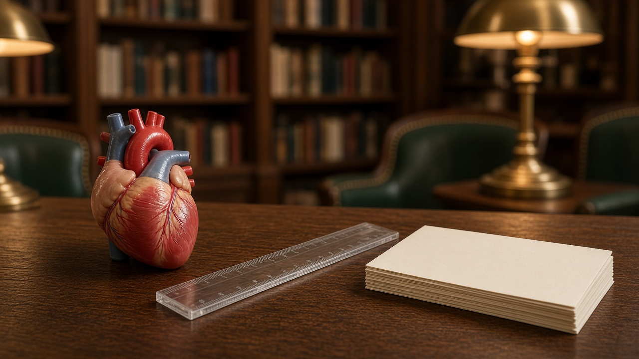A library table with an anatomical heart model, a ruler, and blank study cards
