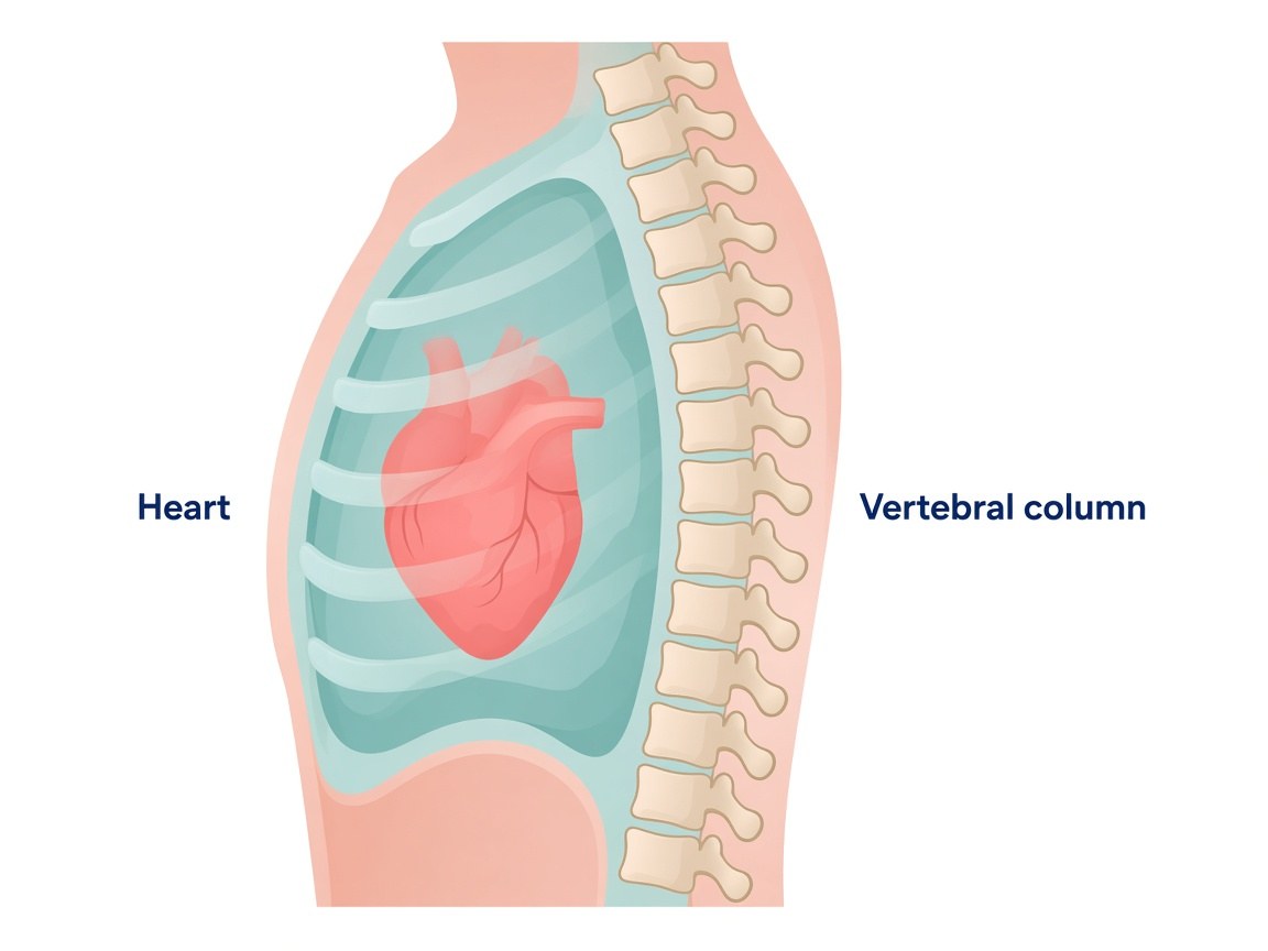 Side view of the chest with the heart in front of the vertebral column. The labels are Heart and Vertebral column only.