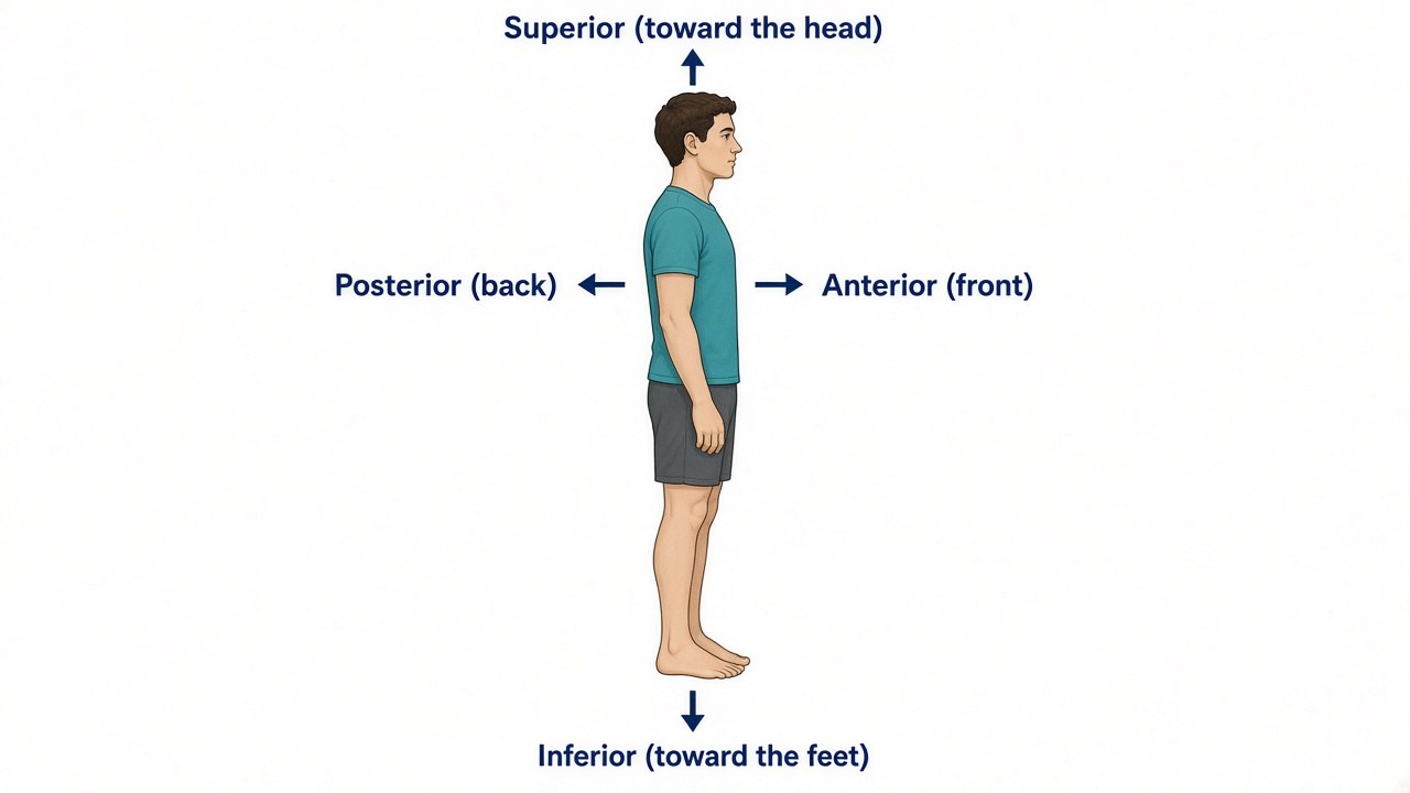 Side view of a person facing right. Anterior is labeled at the front, posterior at the back, superior toward the head, and inferior toward the feet.