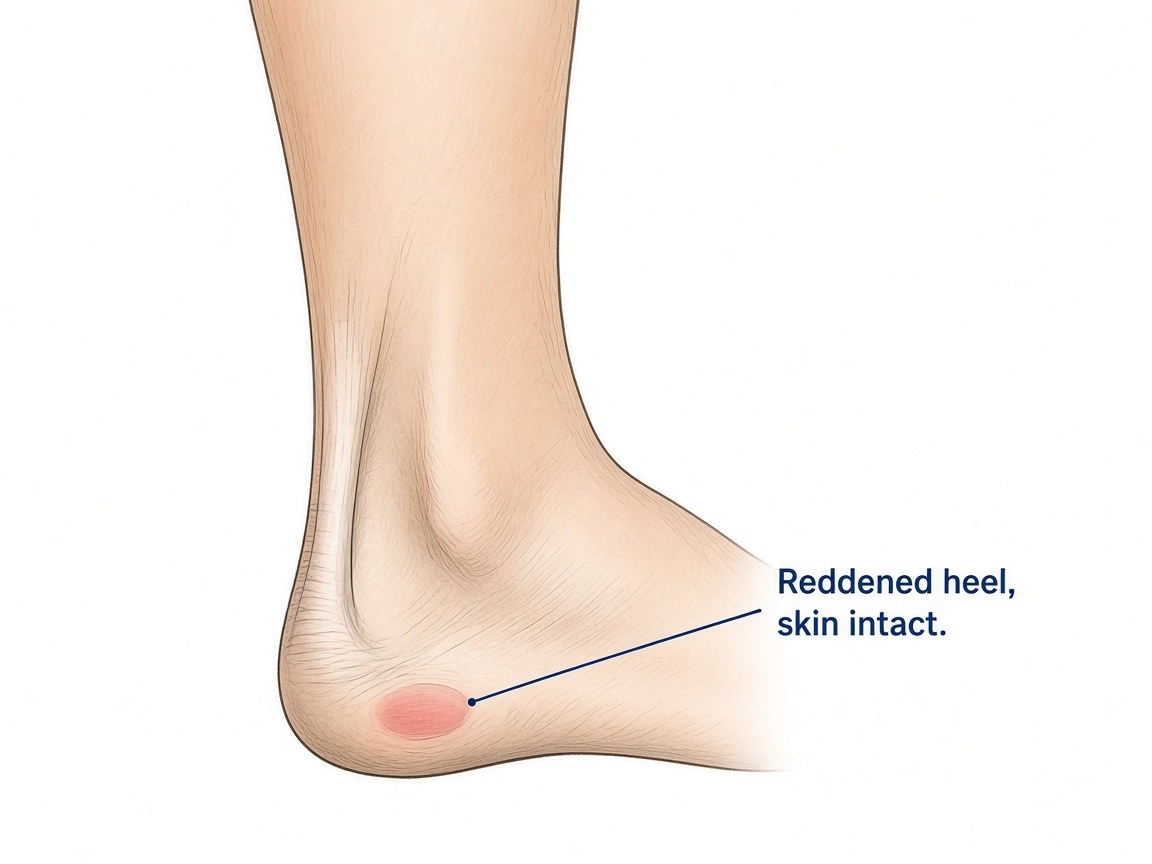 Side view of a heel with a small reddened area and intact skin, labeled reddened heel, skin intact.