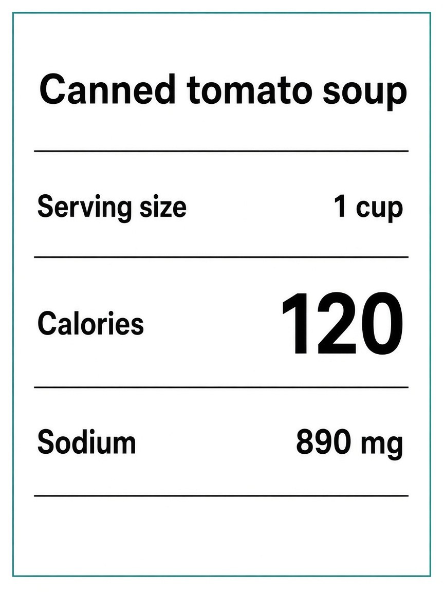 Nutrition label for canned tomato soup, one cup, 120 calories, 890 milligrams of sodium.