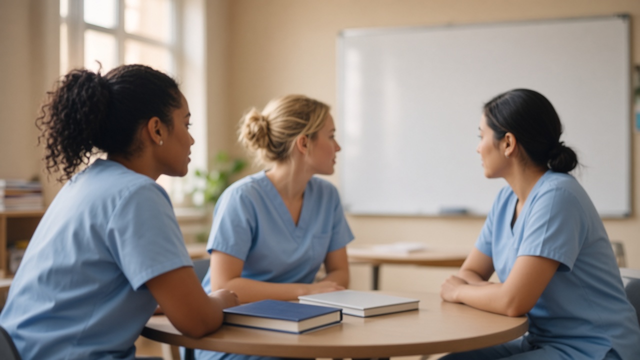 Practical nursing students seated around a study table with closed books