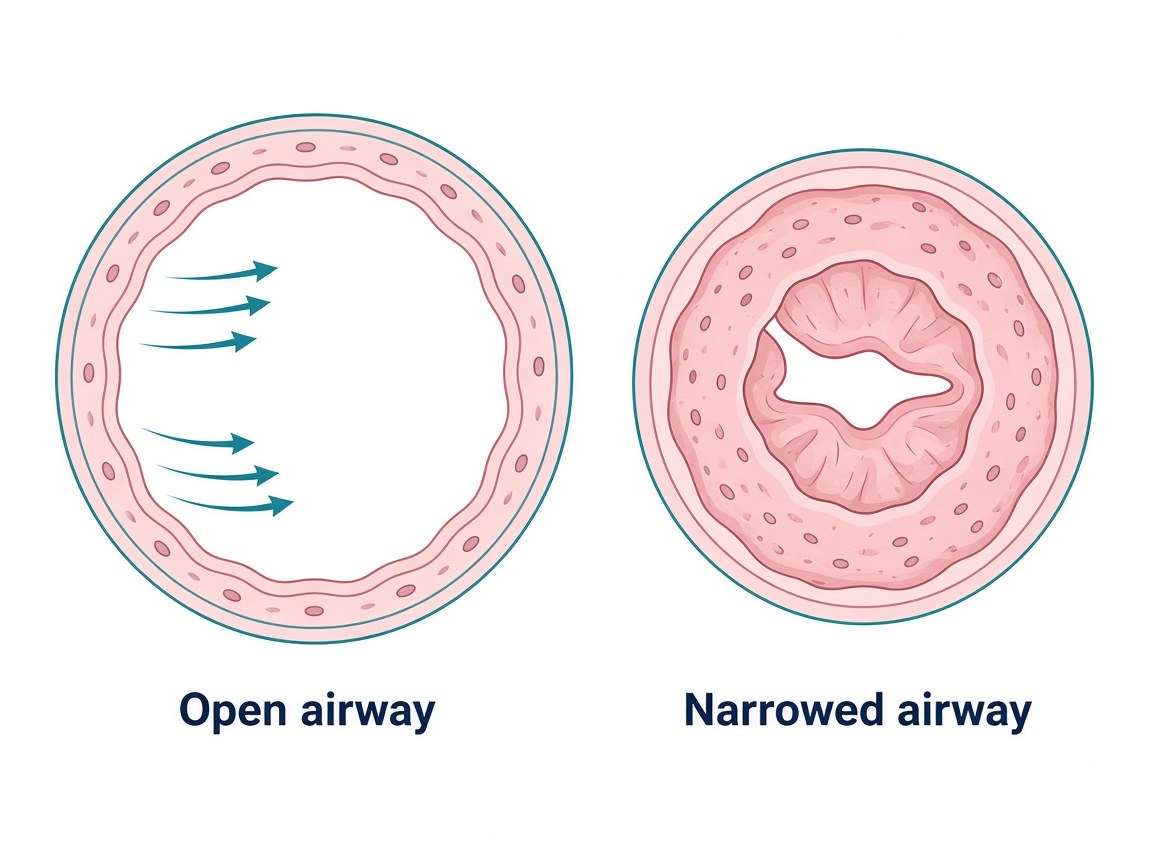 Cross-section of a wide open airway next to a cross-section of an airway almost closed by swollen lining.