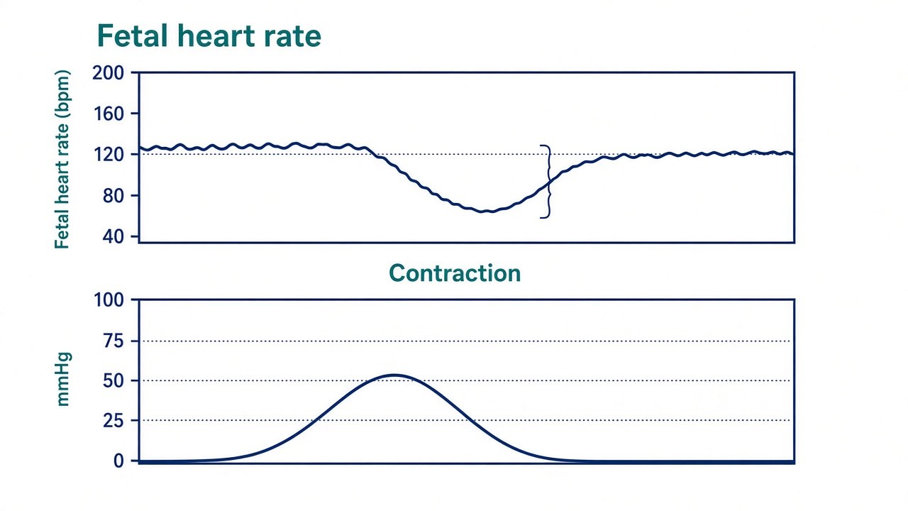 Two stacked tracings. The top line is fetal heart rate with a dip. The bottom line is a uterine contraction.