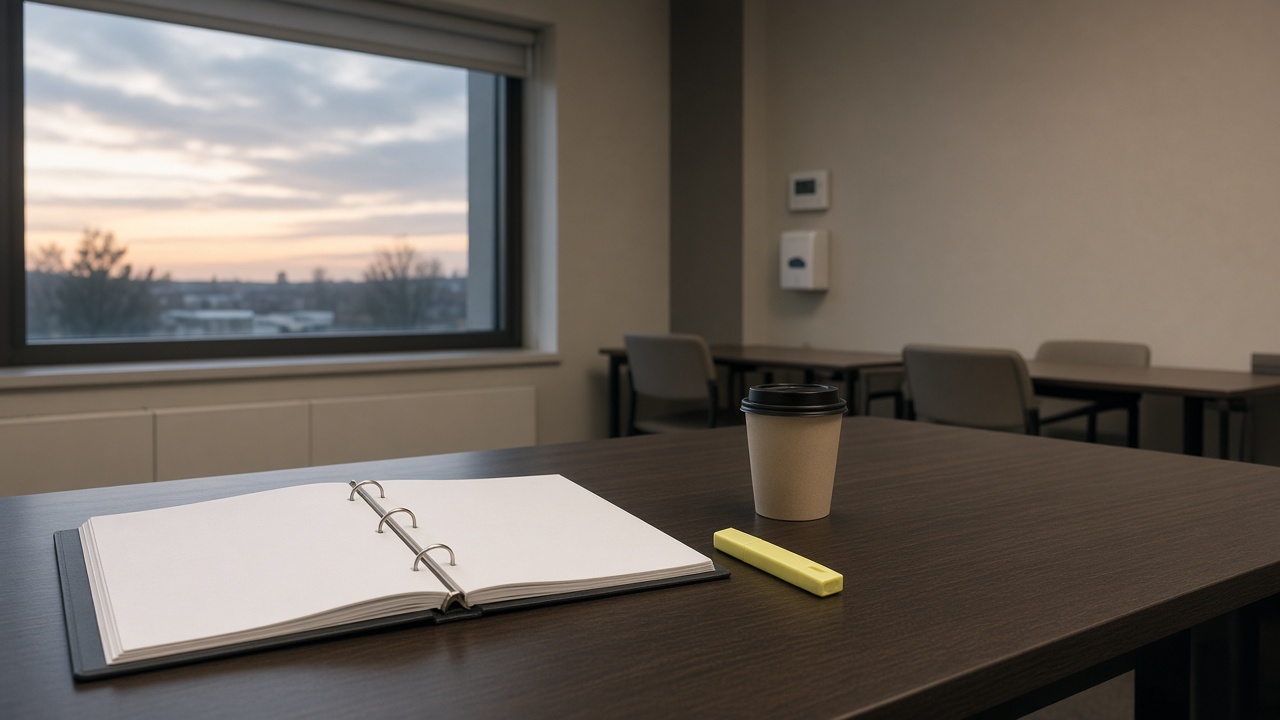 A quiet study table with a blank binder and a cup of coffee in a hospital conference room