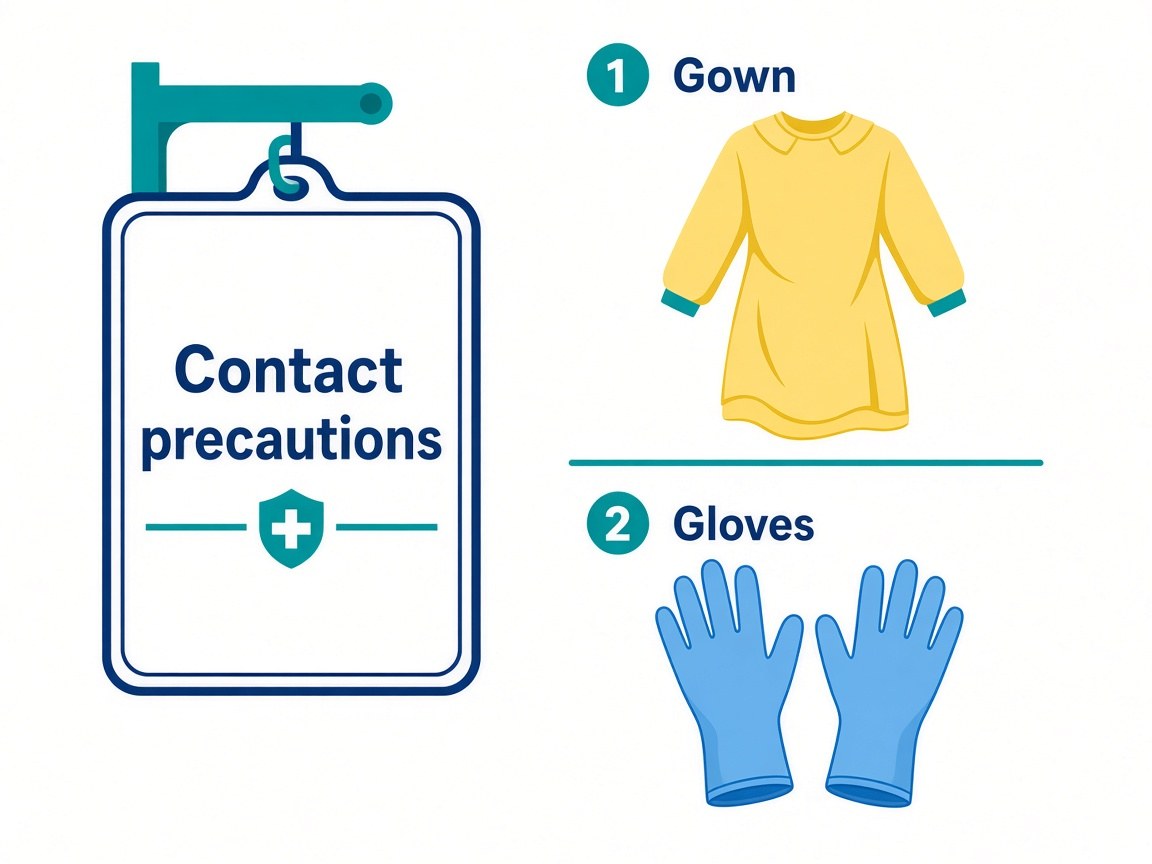 A door sign reading Contact precautions, with step 1 a gown and step 2 gloves.