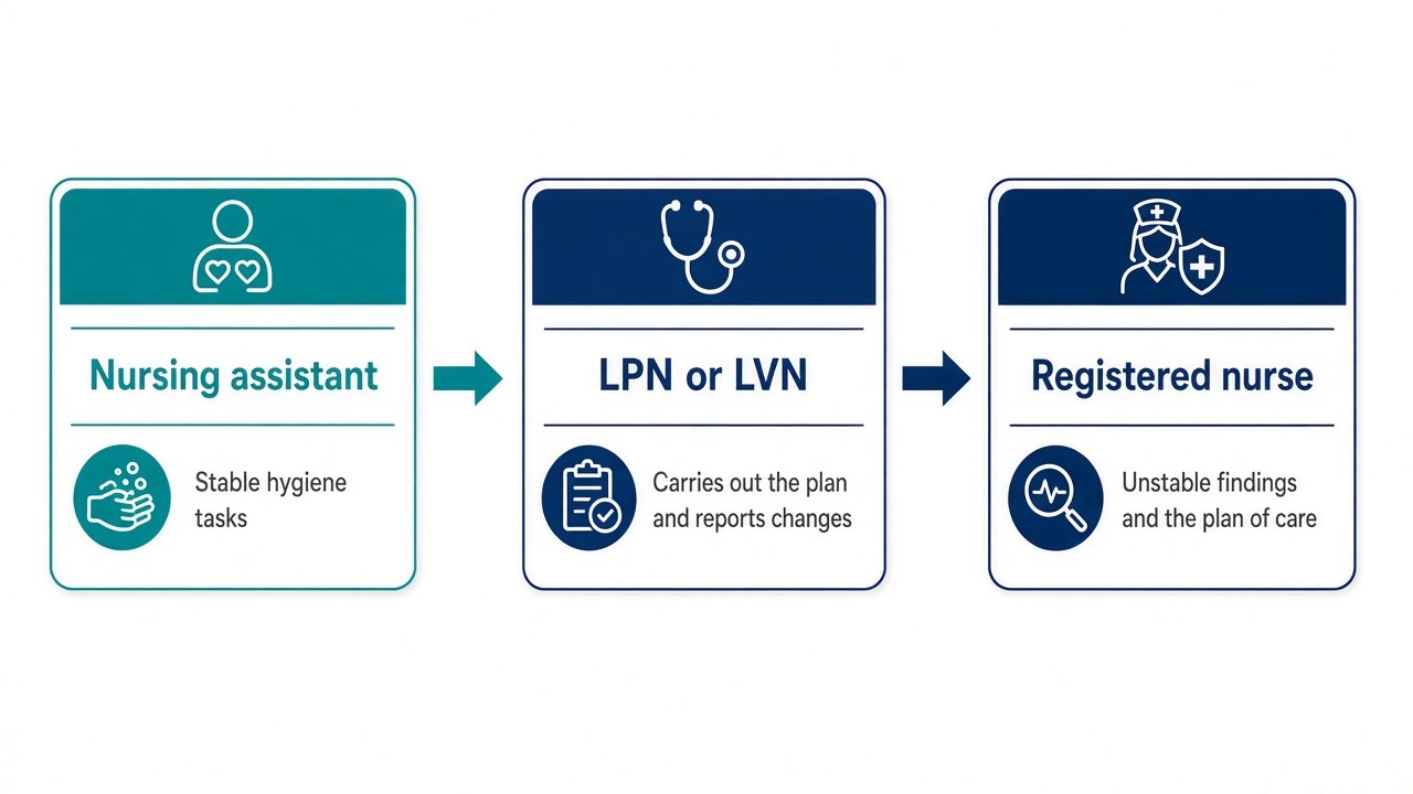 Three roles: a nursing assistant for stable hygiene tasks, an LPN or LVN who carries out the plan and reports changes, and a registered nurse for unstable findings and the plan of care.