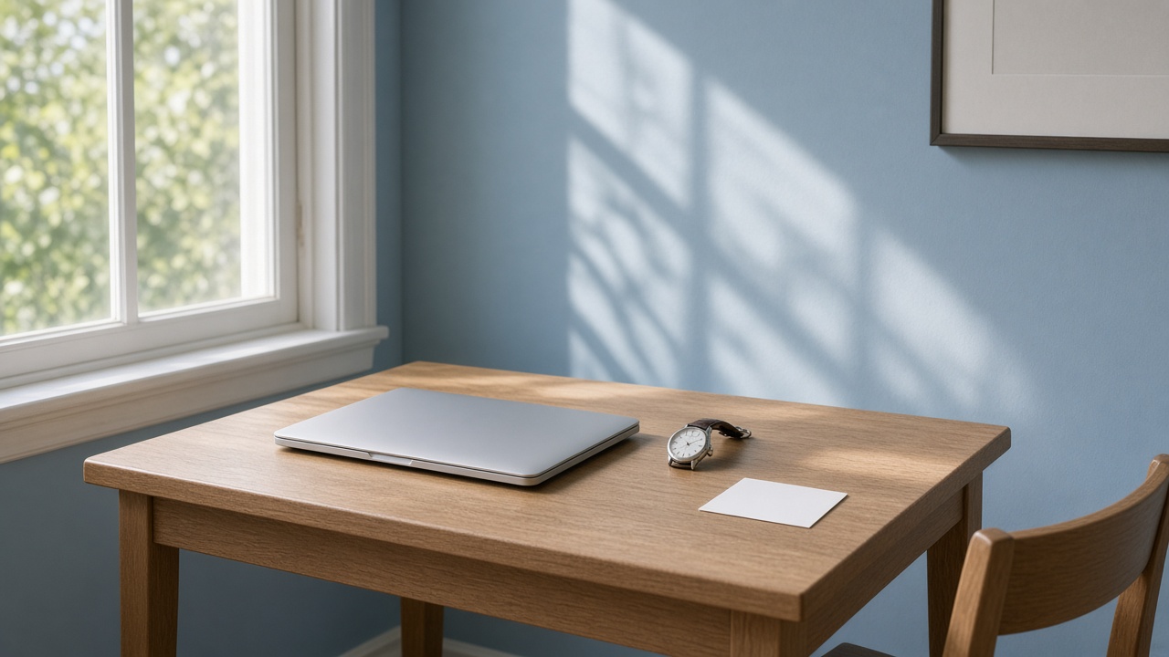 A small testing desk by a window with a closed laptop and a blank notecard