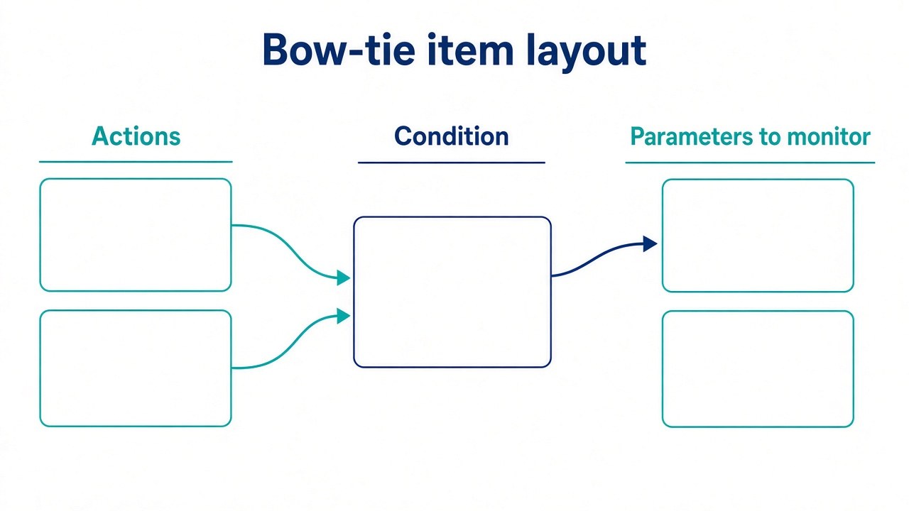 Layout of a bow-tie item with a center box for the condition, a left column for actions, and a right column for parameters to monitor.