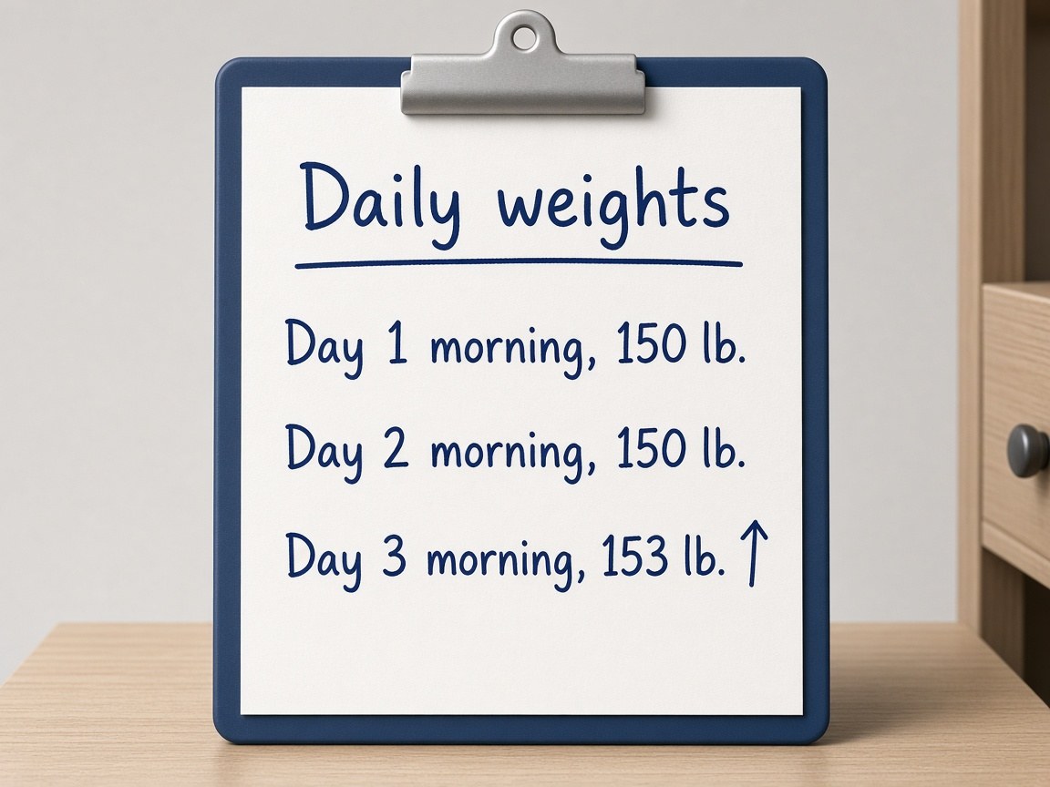 Clipboard titled Daily weights. Day 1 morning 150 pounds, day 2 morning 150 pounds, day 3 morning 153 pounds.