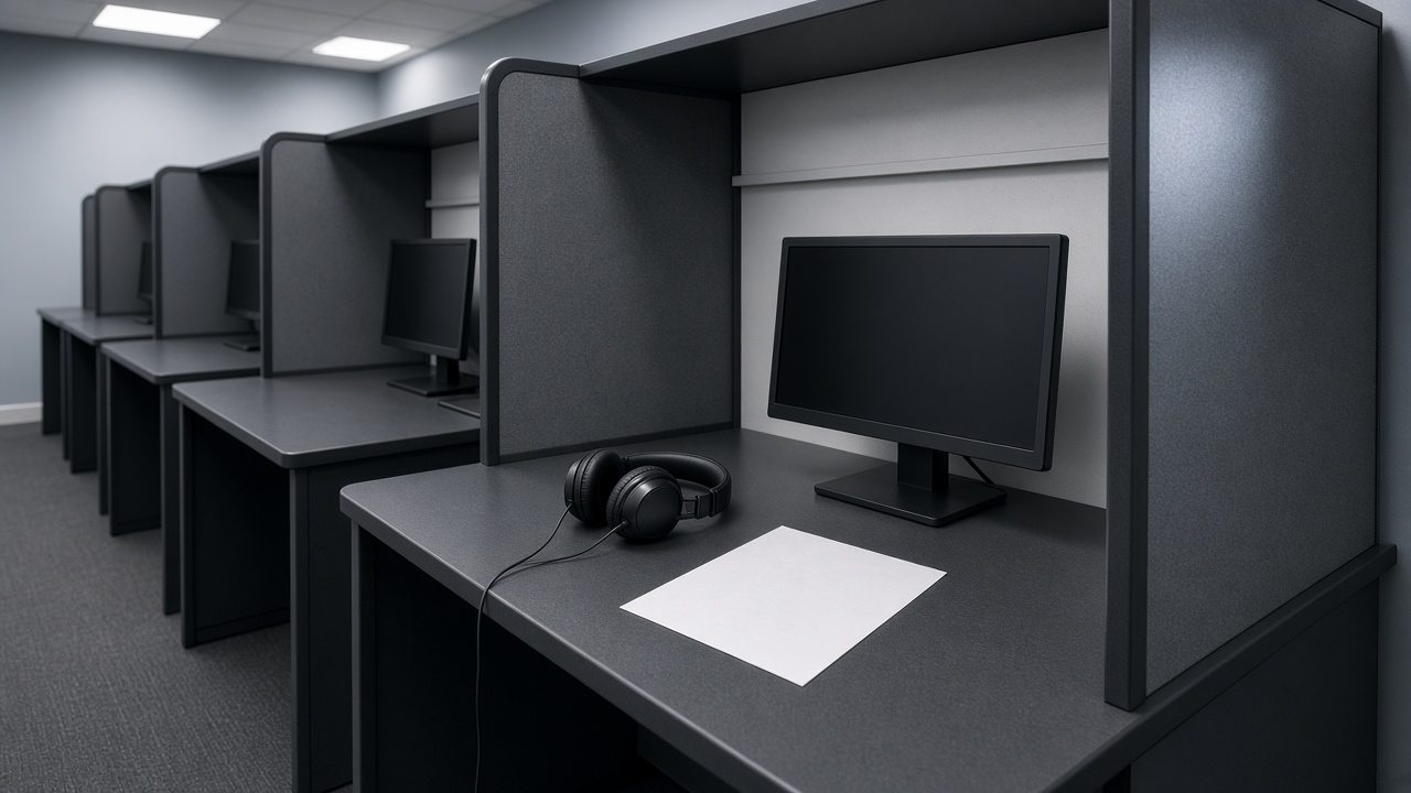 An empty computer testing carrel with headphones and a blank scratch sheet
