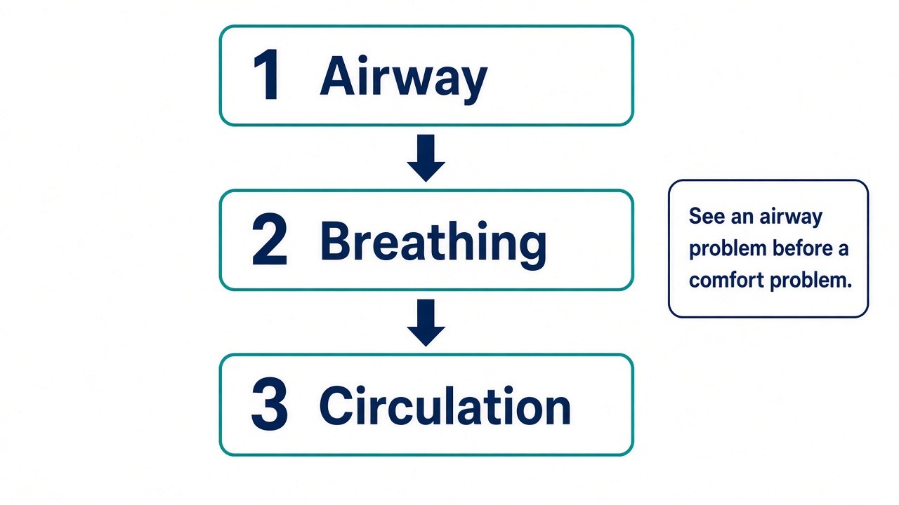 Three-step priority diagram: 1 Airway, 2 Breathing, 3 Circulation, with a note to see an airway problem before a comfort problem.