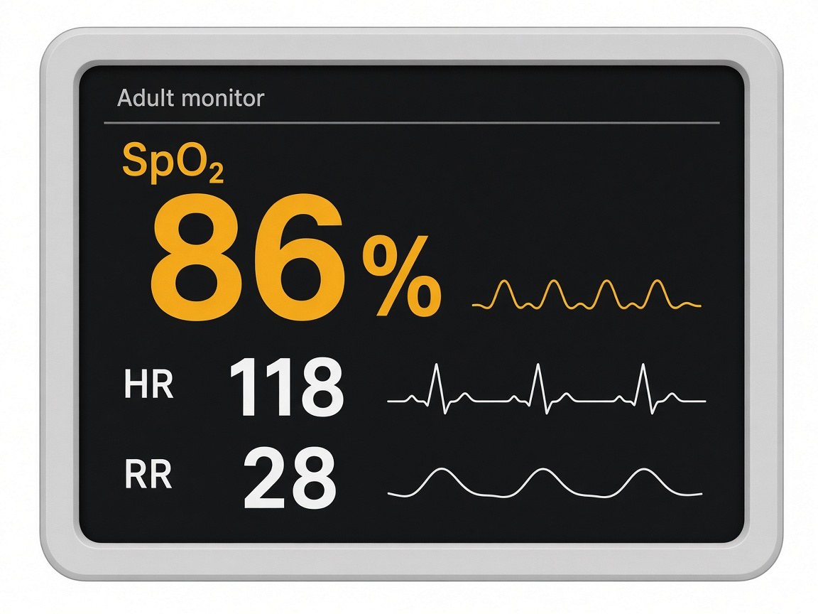 Monitor screen showing oxygen saturation 86 percent, heart rate 118, and respiratory rate 28.